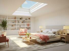 AI generated Cozy bedroom with skylight above bed, white walls, and gray bedding. The skylight lets in natural light, making the room feel bright and airy. The gray bedding complements the white walls photo