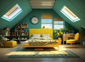 AI generated Cozy bedroom with yellow bed, nightstand, clock, and skylights. The bed is made with yellow sheets and pillows, and there is a lamp on the nightstand. The clock is on the wall photo