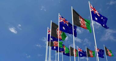 Australien flaggor vinka tillsammans i de himmel, sömlös slinga i vind, Plats på vänster sida för design eller information, 3d tolkning video