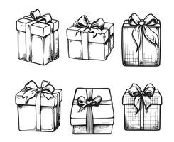 Art line drawing of different gift boxes with ribbon bow. Set of presents in black one line. vector