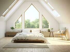 AI generated a modern bedroom with a sloped ceiling and skylights. The room is decorated in a contemporary style with a gray and white  color scheme. The bed is the focal point of the room photo