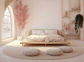 AI generated Unique bedroom with a raised bed. The bed is accessed by a ladder and is surrounded by a built-in railing. There is a window behind the bed, letting in plenty of natural light. photo
