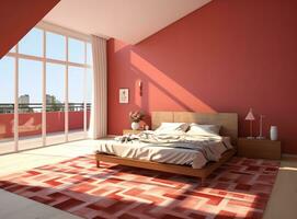 a modern bedroom with a sloped ceiling and skylights. The room is decorated in a contemporary style with a white and red color scheme. The bed is the focal point of the room, with a wooden headboard photo