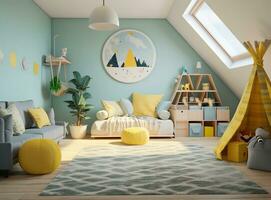 AI generated bright and cheerful bedroom features a yellow bed with a white comforter and pillows, a blue rug on the floor, and a white nightstand with a lamp photo