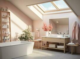 AI generated A spacious and luxurious bathroom with a soaking tub, sink, mirror, and skylight. The bathroom is decorated in a minimalist style with white walls and floors, and wooden accents. photo