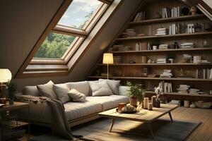 AI generated A living room in an attic with a modern and cozy style. The room features a couch, coffee table, and bookshelf, all made of wood and metal. The couch is covered in soft pillows photo