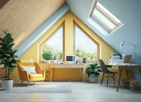 AI generated a modern home office features a sloped ceiling with two skylights and a yellow accent wall. The room is furnished with a desk, computer, printer, and a comfortable armchair. photo