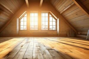 A spacious and bright attic with wooden floors and windows, waiting to be turned into a cozy living room, bedroom, or creative studio. The attic features exposed beams and brickwork photo