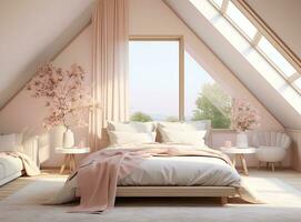 ai generado un acogedor dormitorio con rosado paredes, un blanco cama con un rosado edredón y almohadas, un blanco vestidor y espejo, foto