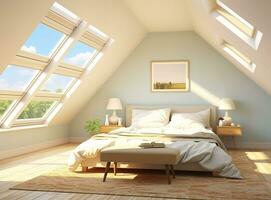 AI generated Cozy attic bedroom with bed, lamps, skylights, and a picture on the wall. The bed is made and the skylights provide natural light, making the room feel bright and airy. photo