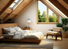 AI generated A cozy bedroom with a wooden bed, a chair, and a window with light blue curtains. The bed is made with white sheets and a blue blanket. There is a lamp on the nightstand next to the bed. photo