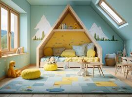 ai generado un acogedor niño dormitorio con un de madera en forma de casa cama, un azul alfombra, y un variedad de juguetes el cama es hecho con un blanco edredón y almohadas, y el habitación es decorado foto