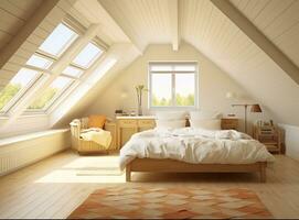 AI generated tranquil bedroom features a white bed with a matching comforter and pillows, a wooden nightstand, and a window with a stunning view of a lush forest. photo