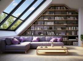 AI generated a modern living room with a large window, a gray sofa, a wooden coffee table, and a bookshelf. The room is decorated with purple pillows and a vase of flowers. photo