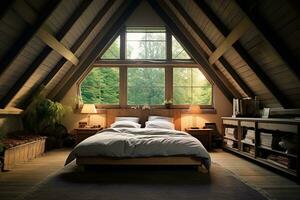 AI generated attic bedroom with a large window, bed, rug, string lights, and plants. The bright window lets in plenty of natural light, while the string lights and plants add a touch of whimsy photo
