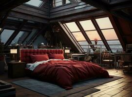 AI generated a bedroom in an attic is furnished with a red tufted bed, nightstands, lamps, and plants. The wooden floor and beams add warmth to the space. The room has a beautiful view of the sunset photo