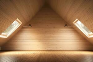 AI generated Spacious, empty attic with exposed wooden beams and walls, and large windows that let in plenty of natural light. The unfinished wood gives the space a warm and rustic feel photo