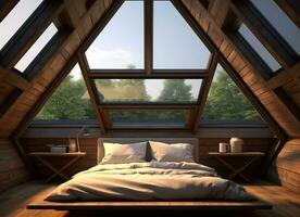 AI generated A cozy attic bedroom with a skylight and a view of trees. The bed is made and covered with a white blanket, and there are two pillows on the headboard. photo