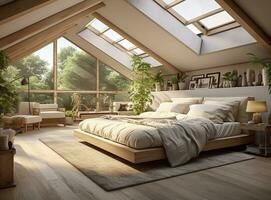 AI generated A cozy bedroom with a wooden bed with skylights, white comforter and pillows, and white walls. The skylights let in natural light, and the room has a plant on the bedside table. photo