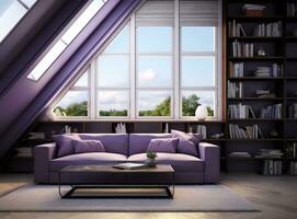 AI generated a modern living room with a purple sofa, a black coffee table, and a bookshelf. The room has a large window with a view of the sky and trees. The walls are painted in a light color photo