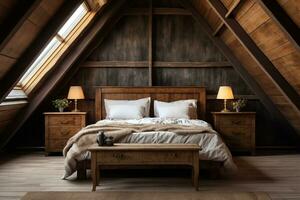 AI generated Inviting attic bedroom with a white bed, wooden furniture, sloped ceilings, string lights, and plants. The white walls and light wood furniture create a bright and airy atmosphere photo
