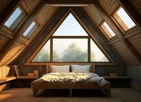 AI generated A bedroom with a simple, minimalist design. The room is painted white with light-colored flooring. The bed is placed against the wall opposite the window photo