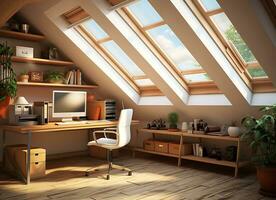 AI generated a modern and cozy home office with a wooden floor, a desk with a computer, a white chair, and multiple plants. The room has a sloped ceiling with multiple windows that let in light photo