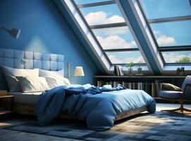 AI generated bedroom with blue walls, skylights, white bedding, and plants. The calming blue walls and bright natural light create a serene and peaceful atmosphere. The white bedding photo
