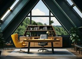 AI generated a modern home office features a desk, chair, bookshelf, and plants. The room has a triangular window with a view of trees and a city skyline. The color scheme is predominantly black photo