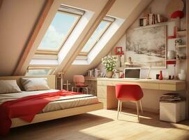 AI generated A bright and airy bedroom with a white bed, a desk, and a chair, with a view of the trees outside. The bed is made with white sheets and a gray blanket. photo