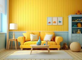 AI generated Stylish living room with yellow couch, blue shelf, and coffee table. The couch is made of leather and has a white cushion. The shelf is made of wood and has shelves. photo