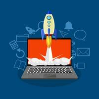 laptop and rocket with icons in communication set Startup ideas eps vector