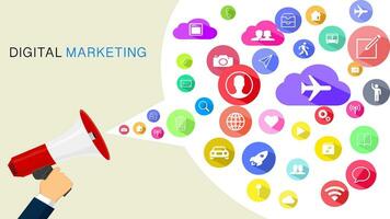 A digital marketing businessman holds a megaphone.promotional banner and has an icon in the dialog vector