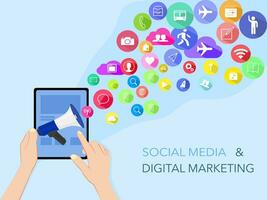 Vector human using tablet and megaphone. surrounded by media icons. digital marketing concepts