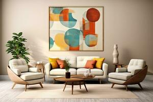 ai generating photo of eclectic living room with a white couch, patterned rug, and variety of artwork and accessories. The couch is topped with plush pillows in different colors and patterns
