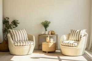 ai generating photo of Stylish living room with two wicker chairs, wooden table, plants, and large windows. The wicker chairs and wooden table add a touch of warmth and natural charm to the space.