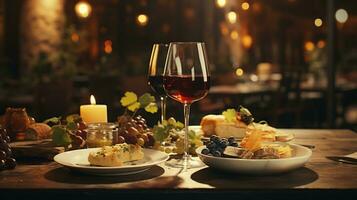 AI generated Elegant and Luxurious Restaurant Table with Foods and Wine photo