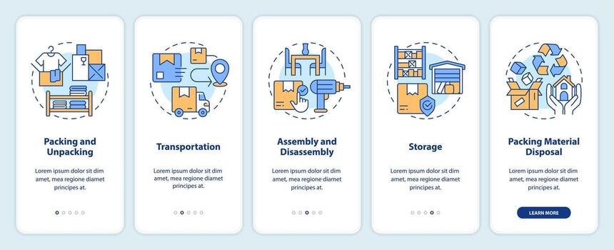 2D icons representing moving service mobile app screen set. Walkthrough 5 steps colorful graphic instructions with linear icons concept, UI, UX, GUI template. vector