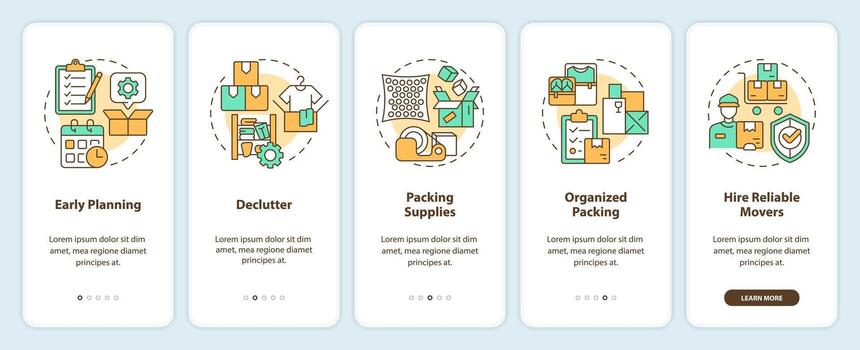 2D icons representing moving service mobile app screen set. Walkthrough 5 steps colorful graphic instructions with thin line icons concept, UI, UX, GUI template. vector