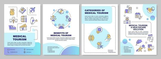 Gradient medical tourism brochure template, leaflet design with thin linear icons, 4 vector layouts.