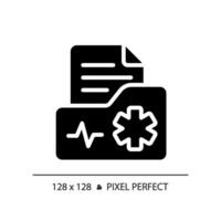 2D pixel perfect glyph style medical record icon, isolated vector, silhouette document illustration vector
