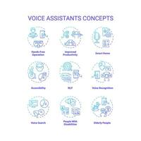 2D gradient icons set representing voice assistants concepts, isolated vector, thin line blue illustration. vector