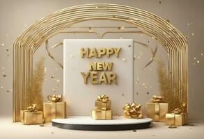 AI generated Happy New Year written on the Luxury Board with Gifts. Happy New Year 2024. photo