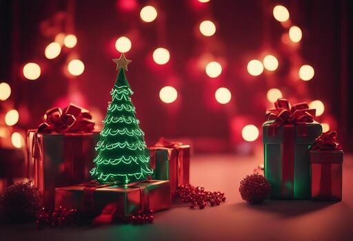 AI generated Christmas gift boxes with Red Santa tree with neon background. photo