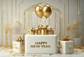 AI generated Happy New Year written on the Luxury Board with balloons. Happy New Year 2024. photo