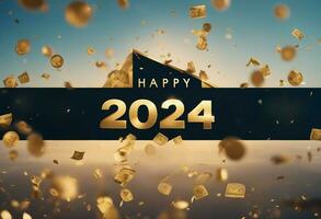 AI generated Happy New Year written on the Luxury Board with balloons. Happy New Year 2024. photo