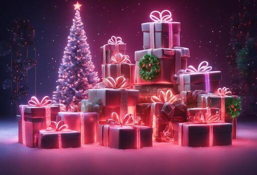 AI generated Christmas gift boxes with Red Santa tree with neon background. photo