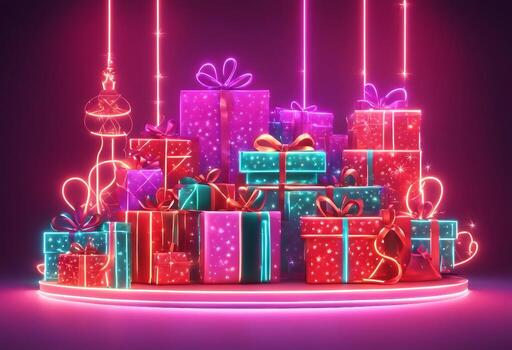 AI generated Christmas gift boxes with Red Santa tree with neon background. photo