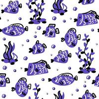 Seamless background with decorative purple large fish. Marine theme with floating fish and algae. Bright elements on a white background. Color spots and contour. Ornament Printing vector