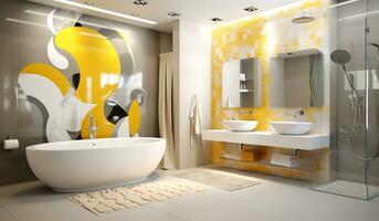 Ai Generated Inviting bathroom with a clawfoot bathtub, yellow painting on the wall, and wicker basket full of fluffy white towels. The bathroom has white tile walls and wooden floors photo